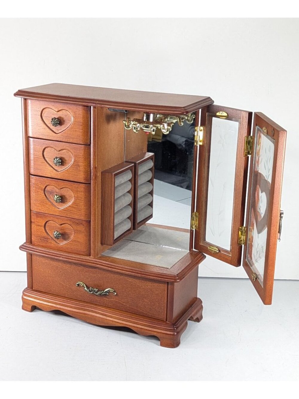 Vintage wooden jewelry chest, flower etched glass trinket storage cabinet,